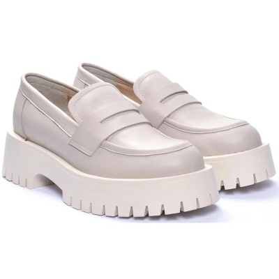 Mocassins femme ANDREA BRUNI MC-M4-GRG en cuir beige, semelle crantée épaisse et design moderne