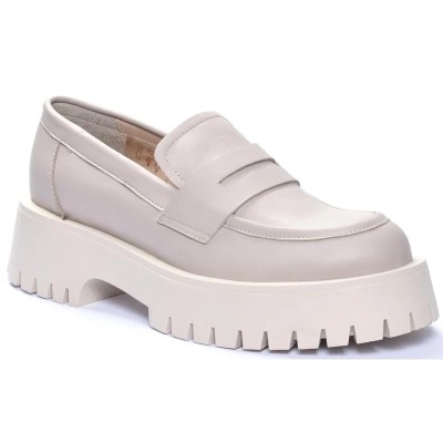 Mocassins femme ANDREA BRUNI MC-M4-GRG en cuir beige, semelle crantée épaisse et design moderne