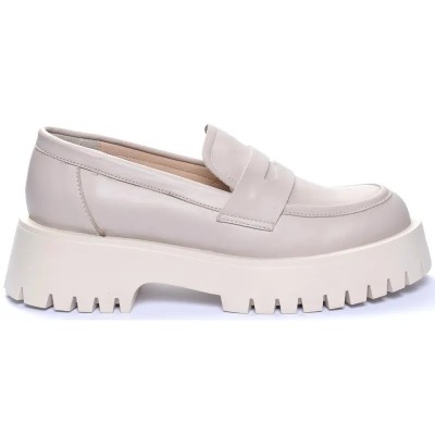 Mocassins femme ANDREA BRUNI MC-M4-GRG en cuir beige, semelle crantée épaisse et design moderne