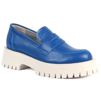 Mocassins femme ANDREA BRUNI MC-M4-BL en cuir bleu avec semelle crantée crème et design tendance