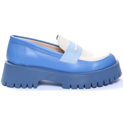Mocassins femme ANDREA BRUNI MC-M4-BL-BG bicolores bleu et beige avec semelle crantée moderne