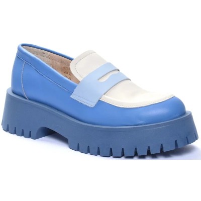 Mocassins femme ANDREA BRUNI MC-M4-BL-BG bicolores bleu et beige avec semelle crantée moderne