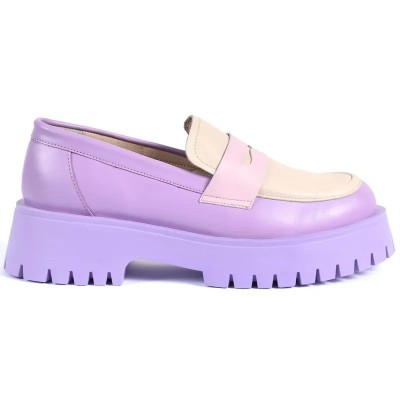 Mocassins femme ANDREA BRUNI MC-M4-VLT bicolores violet et crème, semelle épaisse et design original