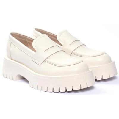 Mocassins femme ANDREA BRUNI MC-M4-BG en cuir beige avec semelle crantée épaisse ton sur ton