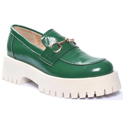 Mocassins femme ANDREA BRUNI MC-M3-VVT en cuir verni vert avec mors doré et semelle crantée crème