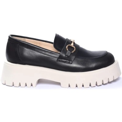 Mocassins femme ANDREA BRUNI MC-M3-N en cuir noir mat avec mors doré et semelle épaisse crème