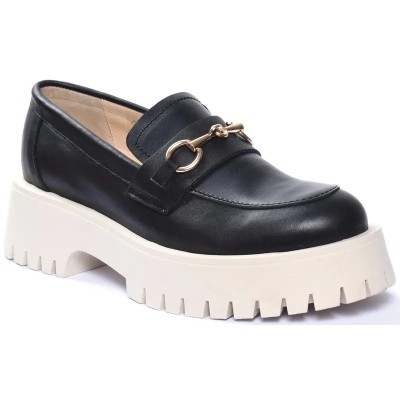 Mocassins femme ANDREA BRUNI MC-M3-N en cuir noir mat avec mors doré et semelle épaisse crème