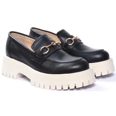 Mocassins femme ANDREA BRUNI MC-M3-N en cuir noir mat avec mors doré et semelle épaisse crème