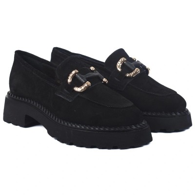 Mocassins femme noirs en daim avec semelle plateforme et boucle dorée – CityMode.tn