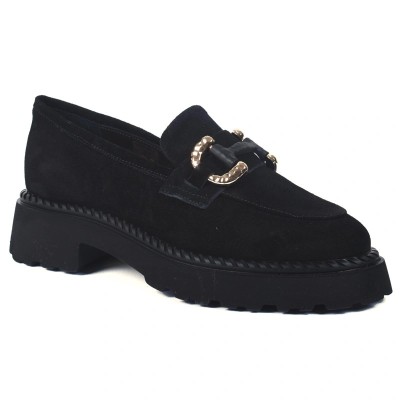 Mocassins femme noirs en daim avec semelle plateforme et boucle dorée – CityMode.tn