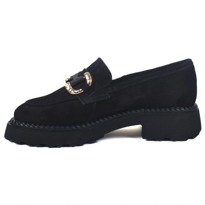 Mocassins femme noirs en daim avec semelle plateforme et boucle dorée – CityMode.tn
