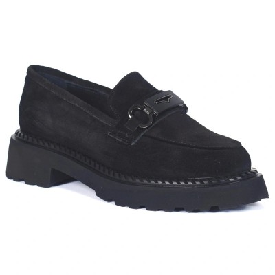 Mocassins femme noirs en daim avec semelle plateforme et boucle noire élégante – CityMode.tn