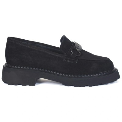 Mocassins femme noirs en daim avec semelle plateforme et boucle noire élégante – CityMode.tn