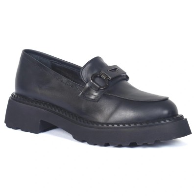 Mocassins femme noirs en cuir avec semelle plateforme et boucle noire moderne – CityMode.tn