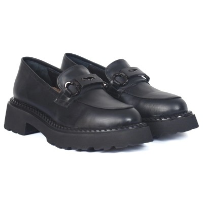 Mocassins femme noirs en cuir avec semelle plateforme et boucle noire moderne – CityMode.tn