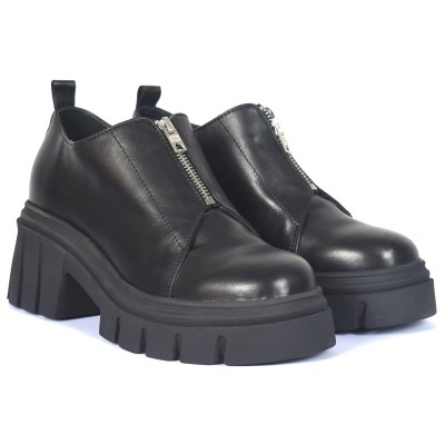 Chaussures femme en cuir noir avec semelle épaisse et fermeture zippée – CityMode.tn