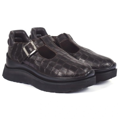 Mocassins femme en cuir marron effet croco avec semelle épaisse et boucle métallique – CityMode.tn