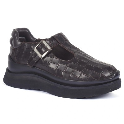 Mocassins femme en cuir marron effet croco avec semelle épaisse et boucle métallique – CityMode.tn