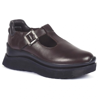 Mocassins femme en cuir marron avec semelle épaisse et boucle métallique – CityMode.tn