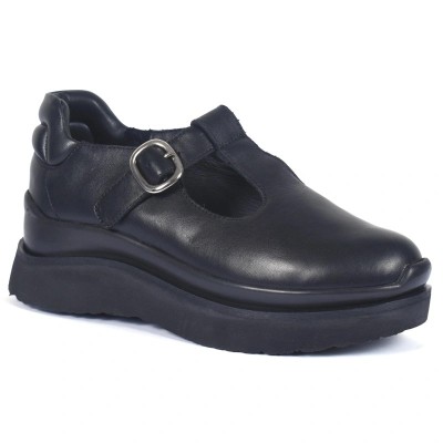 Mocassins femme en cuir noir avec semelle épaisse et boucle argentée – CityMode.tn