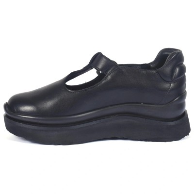 Mocassins femme en cuir noir avec semelle épaisse et boucle argentée – CityMode.tn