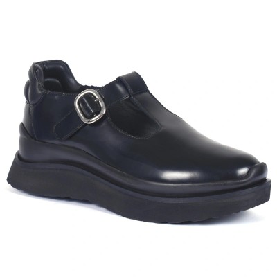 Mocassins femme en cuir verni noir avec semelle épaisse et boucle argentée – CityMode.tn