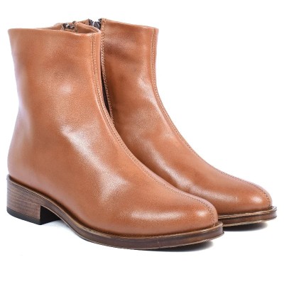 Boots femme ANDREA BRUNI AB-517-1-C en cuir camel clair avec fermeture zippée latérale et semelle contrastée