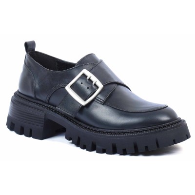 Mocassins femme en cuir noir avec grande boucle carrée argentée et semelle crantée – CityMode.tn