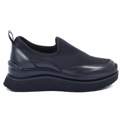 Baskets femme noires à semelle épaisse en cuir et tissu – élégance et confort – CityMode.tn