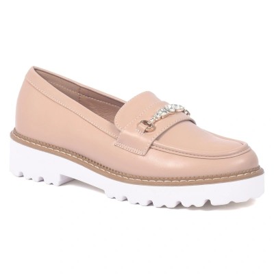 Mocassins femme beiges avec chaînette dorée et strass – élégance moderne et confort – CityMode.tn