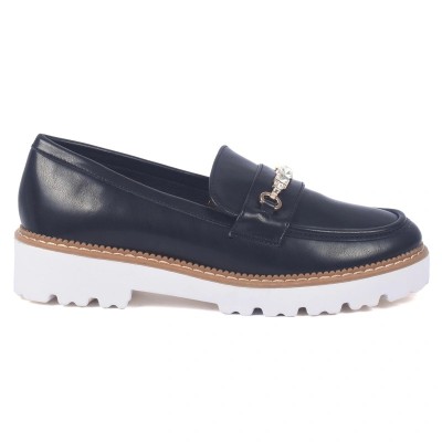 Mocassins femme noirs avec chaînette dorée et strass – style chic et semelle épaisse blanche – CityMode.tn