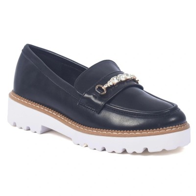 Mocassins femme noirs avec chaînette dorée et strass – style chic et semelle épaisse blanche – CityMode.tn