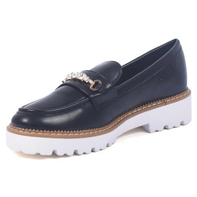 Mocassins femme noirs avec chaînette dorée et strass – style chic et semelle épaisse blanche – CityMode.tn