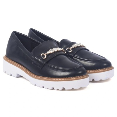 Mocassins femme noirs avec chaînette dorée et strass – style chic et semelle épaisse blanche – CityMode.tn