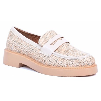 Mocassins femme en raphia beige avec détails cuir et semelle épaisse – style naturel et chic – CityMode.tn