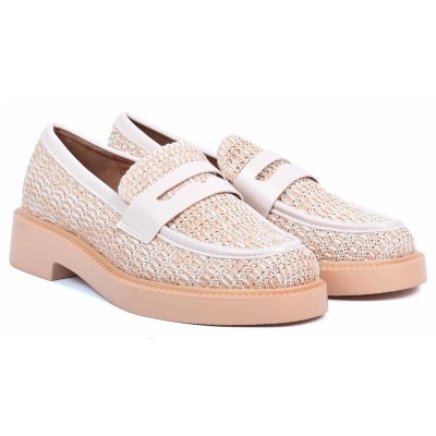 Mocassins femme en raphia beige avec détails cuir et semelle épaisse – style naturel et chic – CityMode.tn