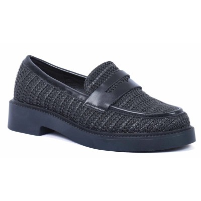 Mocassins femme en raphia noir avec finitions cuir et semelle épaisse – élégance naturelle et moderne – CityMode.tn