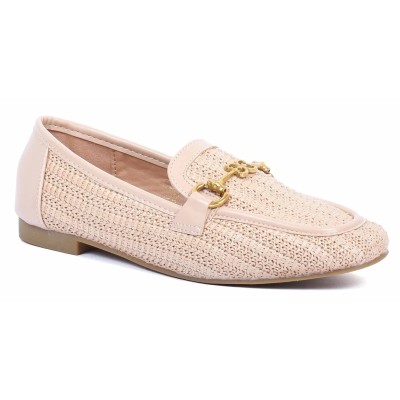 Mocassins femme en raphia beige clair avec boucle dorée et détails cuir – élégance estivale – CityMode.tn