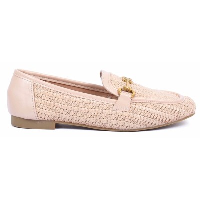 Mocassins femme en raphia beige clair avec boucle dorée et détails cuir – élégance estivale – CityMode.tn