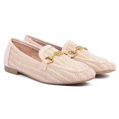 Mocassins femme en raphia beige clair avec boucle dorée et détails cuir – élégance estivale – CityMode.tn