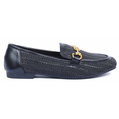 Mocassins femme noir en raphia avec boucle dorée et finitions cuir – allure chic et intemporelle – CityMode.tn