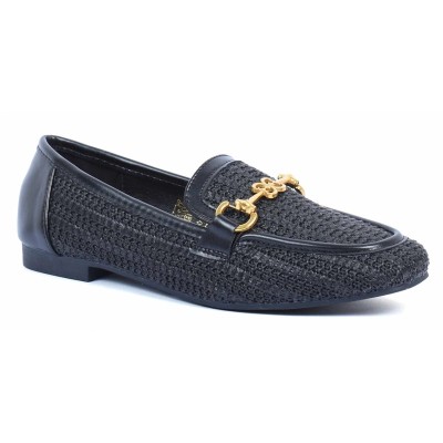 Mocassins femme noir en raphia avec boucle dorée et finitions cuir – allure chic et intemporelle – CityMode.tn