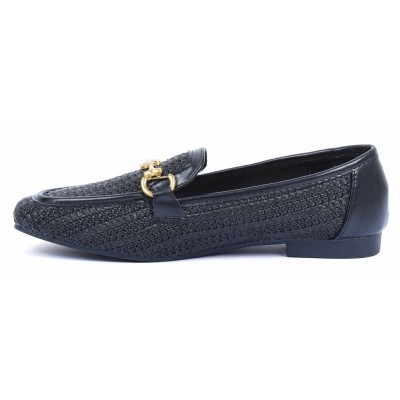 Mocassins femme noir en raphia avec boucle dorée et finitions cuir – allure chic et intemporelle – CityMode.tn