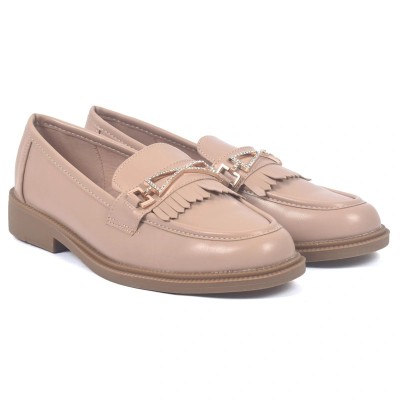 Mocassins femme beige en cuir avec strass et franges – élégance et confort – CityMode.tn