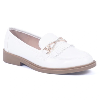 Mocassins femme blancs en cuir avec strass et franges – style chic et moderne – CityMode.tn