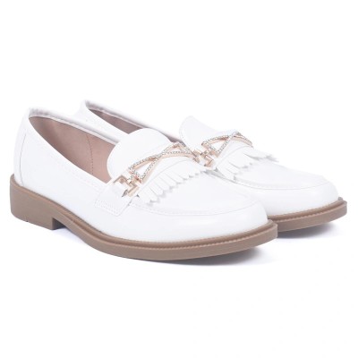 Mocassins femme blancs en cuir avec strass et franges – style chic et moderne – CityMode.tn