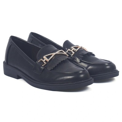 Mocassins femme noirs en cuir avec strass et franges – élégance urbaine et confort – CityMode.tn