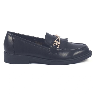 Mocassins femme noirs en cuir avec strass et franges – élégance urbaine et confort – CityMode.tn