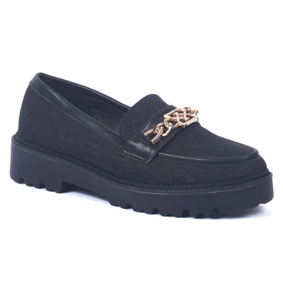 Mocassins femme noirs avec chaîne dorée et semelle épaisse – style chic et moderne – CityMode.tn