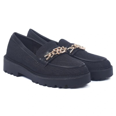 Mocassins femme noirs avec chaîne dorée et semelle épaisse – style chic et moderne – CityMode.tn